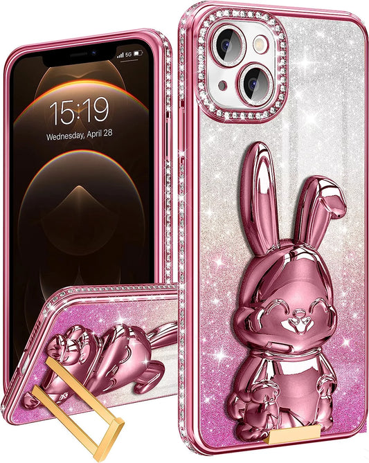 Phone 13 Case Women Cute for Apple Funda Phone Cover Aesthetic Glitter Girls Girly Animal Rhinestone Diamond Design Kawaii Pink Rabbit Stand Kickstand Bling Forro Luxury Estuche Sparkly