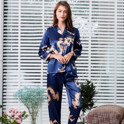 Simulated silk couple sleepwear new long sleeved set men's and women's V-neck silk printed dragon and phoenix home clothes