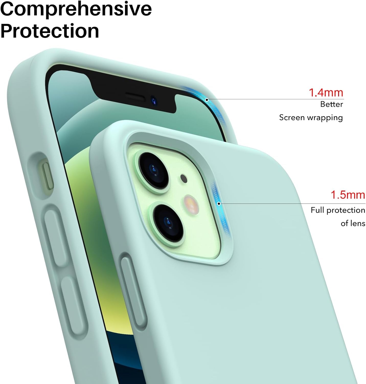 Shockproof Liquid Silicone Designed for Iphone 12/12 Pro Case Gel Rubber Comprehensive Protection Anti-Shock Cover Case Drop Protection 6.1 Inch-Mint Green