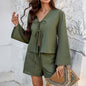 Solid color cardigan long sleeved top short pants set