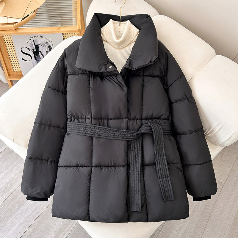 Winter Thick Stand Collar Parkas Women Fashion Tie Waist Short Coats Elegant New Solid Puffer Jackets Female Ladies Streetwear