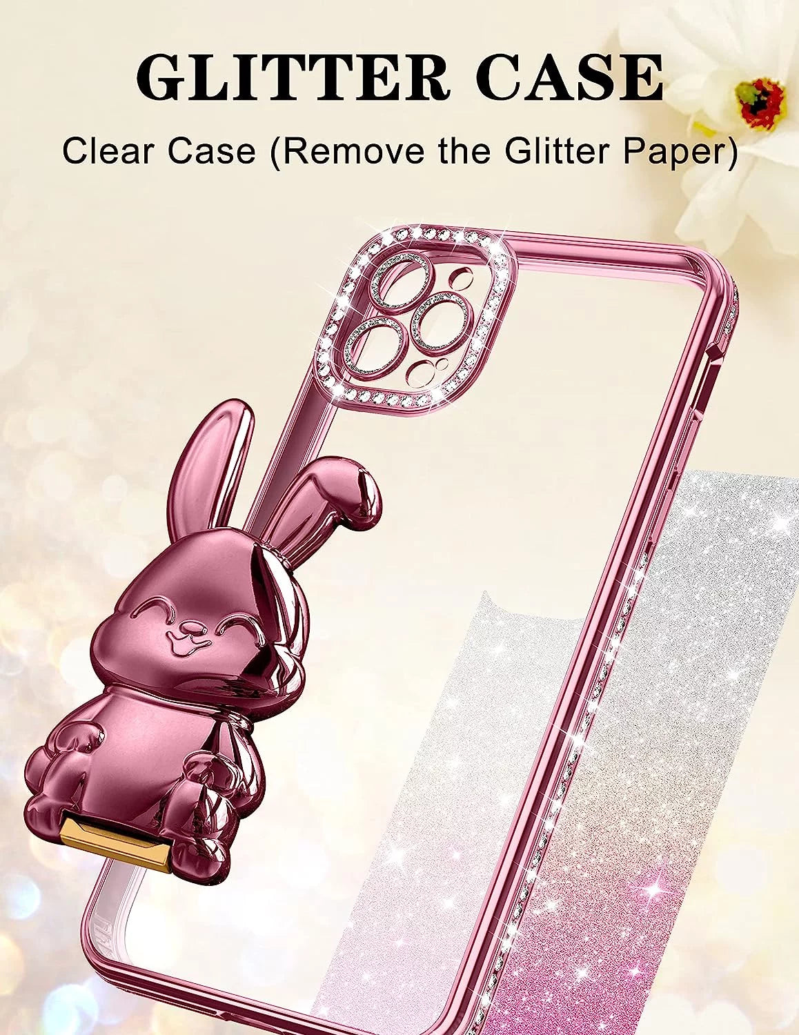 Phone 13 Case Women Cute for Apple Funda Phone Cover Aesthetic Glitter Girls Girly Animal Rhinestone Diamond Design Kawaii Pink Rabbit Stand Kickstand Bling Forro Luxury Estuche Sparkly