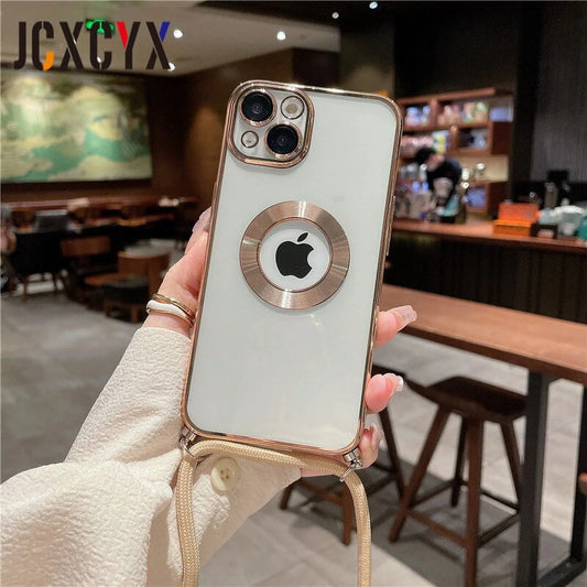 Crossbody Lanyard Cord Plating Transparent Soft Case for Iphone 14 Pro Max 14 13 12 11 15 XS XR 8 7 plus Lens Protector Cover