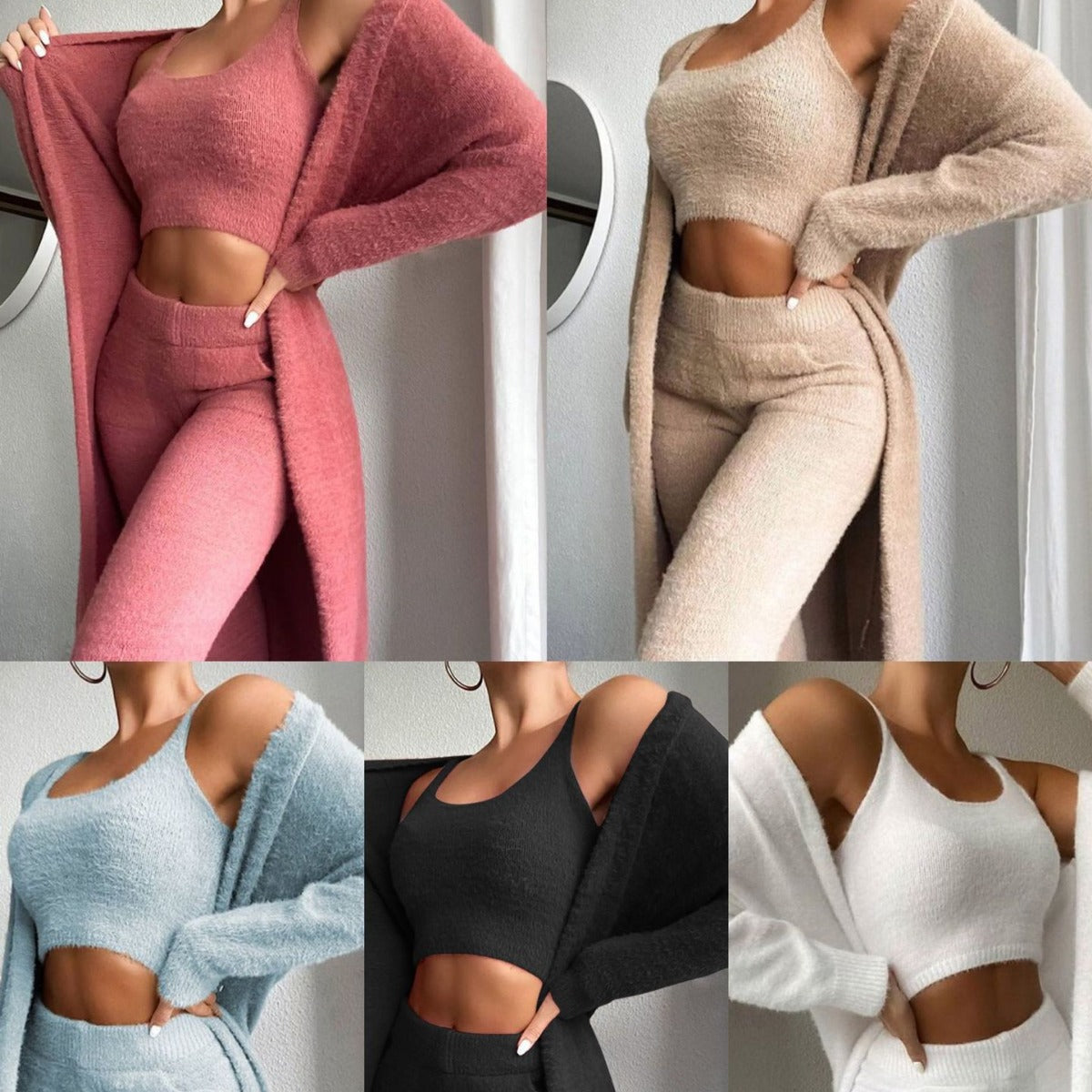 Autumn And Winter Knitted Plush Comfortable Women's Suit Sexy V-neck Short Crop Top Cardigan Sweater Trousers Three-piece Set