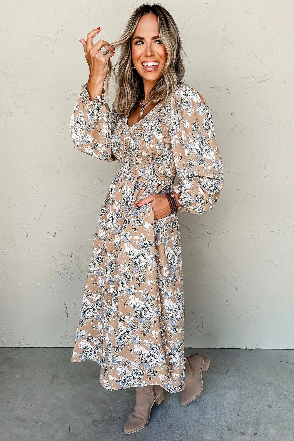 Printed V-Neck Long Sleeve Dress