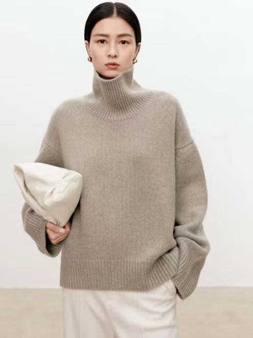 High neck cashmere sweater for women loose and thick with Woolen sweater with a knitted base