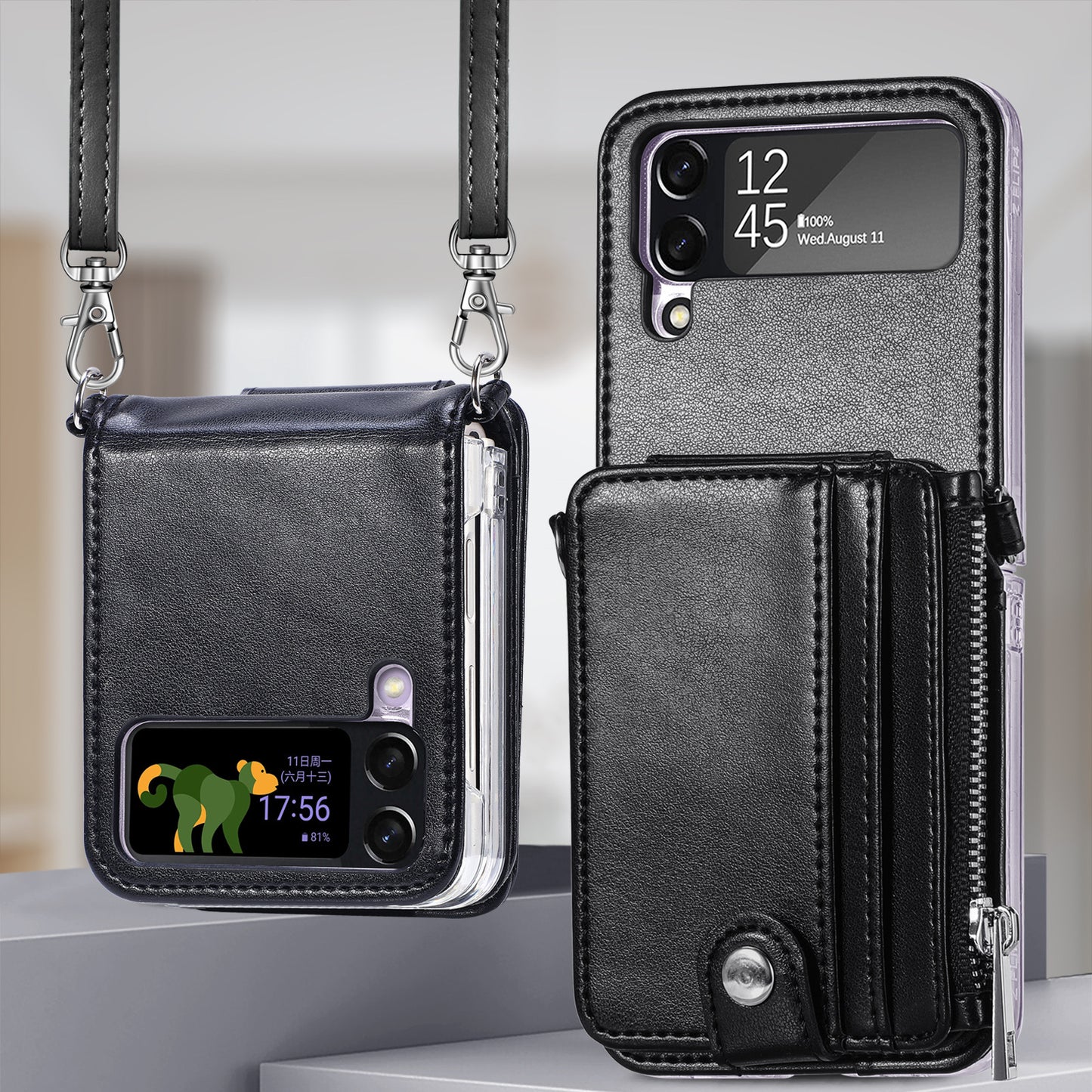 Suitable for Samsung Galaxy Z Flip4 card insertion phone case Z Flip3 lanyard zipper wallet phone case