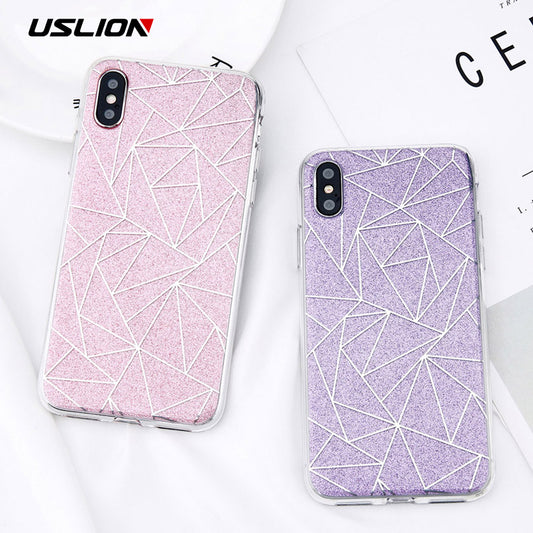 Glitter Bling Powder Phone Case For iPhone X Geometric Lines Hard PC Back Cover Cases For iPhone 8 7 6 6s Plus 5 5s SE