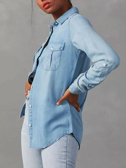 Button Down Collared Neck Denim Top