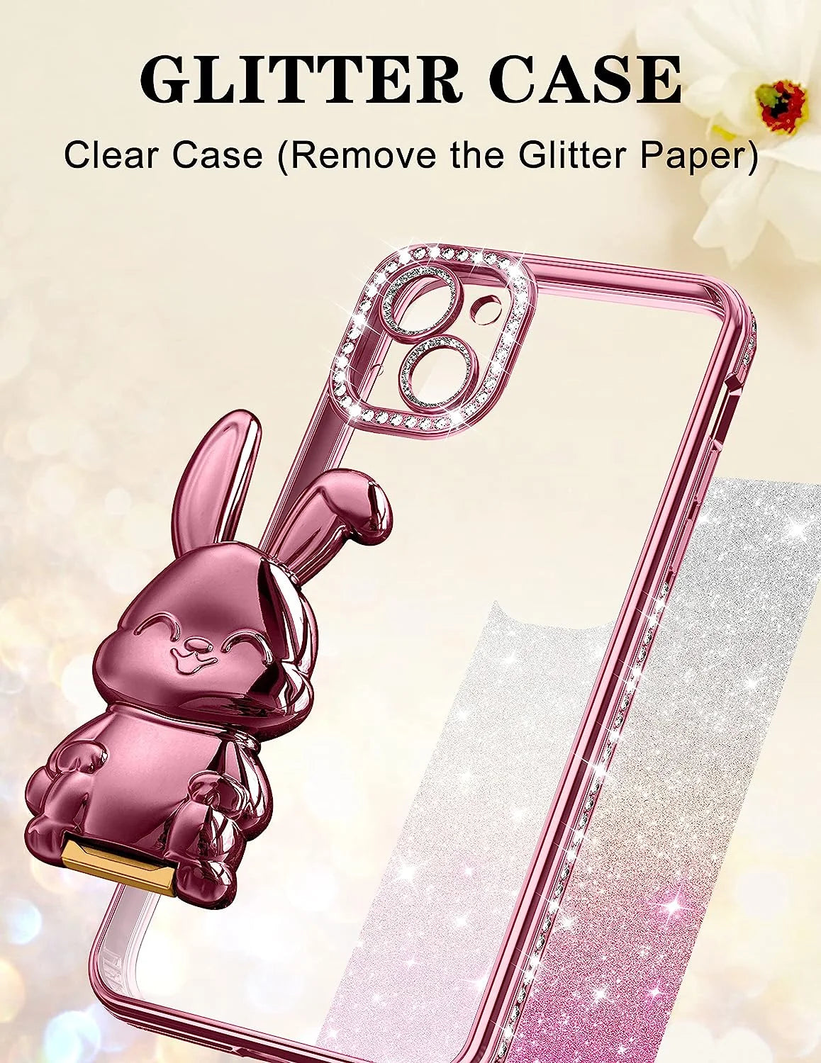 Phone 13 Case Women Cute for Apple Funda Phone Cover Aesthetic Glitter Girls Girly Animal Rhinestone Diamond Design Kawaii Pink Rabbit Stand Kickstand Bling Forro Luxury Estuche Sparkly