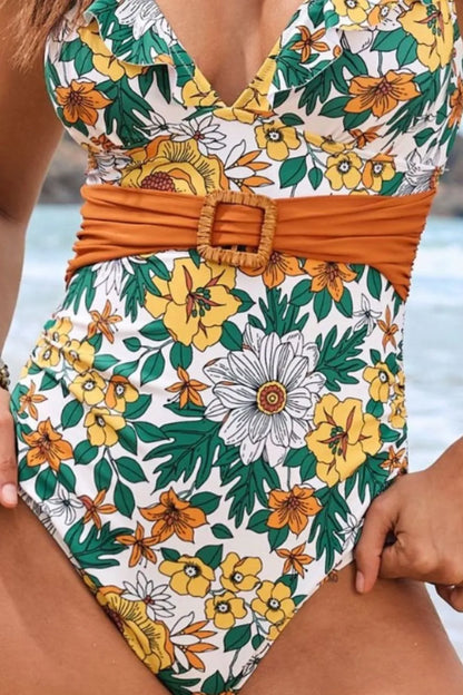 Ruffled Plunge Floral One-Piece Swimwear