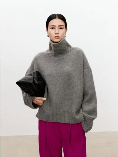 High neck cashmere sweater for women loose and thick with Woolen sweater with a knitted base