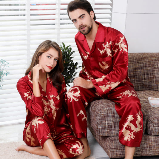 Simulated silk couple sleepwear new long sleeved set men's and women's V-neck silk printed dragon and phoenix home clothes