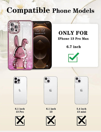 Phone 13 Case Women Cute for Apple Funda Phone Cover Aesthetic Glitter Girls Girly Animal Rhinestone Diamond Design Kawaii Pink Rabbit Stand Kickstand Bling Forro Luxury Estuche Sparkly