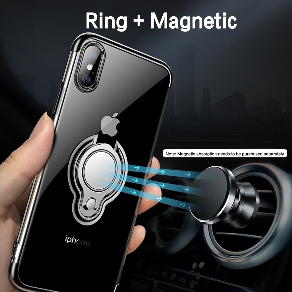 Ultra Thin Transparent Phone Case Magnetic Cases Finger Ring Holder Cover Coque