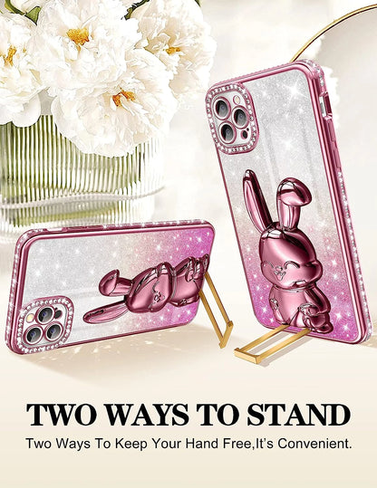 Phone 13 Case Women Cute for Apple Funda Phone Cover Aesthetic Glitter Girls Girly Animal Rhinestone Diamond Design Kawaii Pink Rabbit Stand Kickstand Bling Forro Luxury Estuche Sparkly