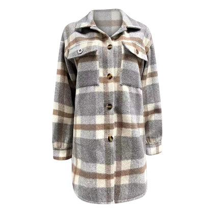 Women'S Vintage Brushed Plaid Shirts Long Sleeve Flannel Lapel Button down Pocketed Shacket Flannel Jacket Coats Winter L5