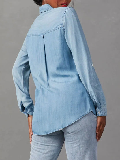 Button Down Collared Neck Denim Top