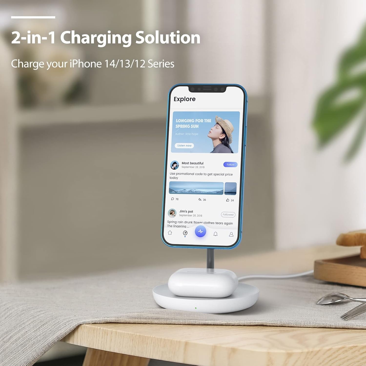 Magnetic 2 in 1 Wireless Charger Stand for Iphone 14, Iphone 13 and Iphone 12 Series, Fast Charging, Wireless Charging Station for Airpods, White