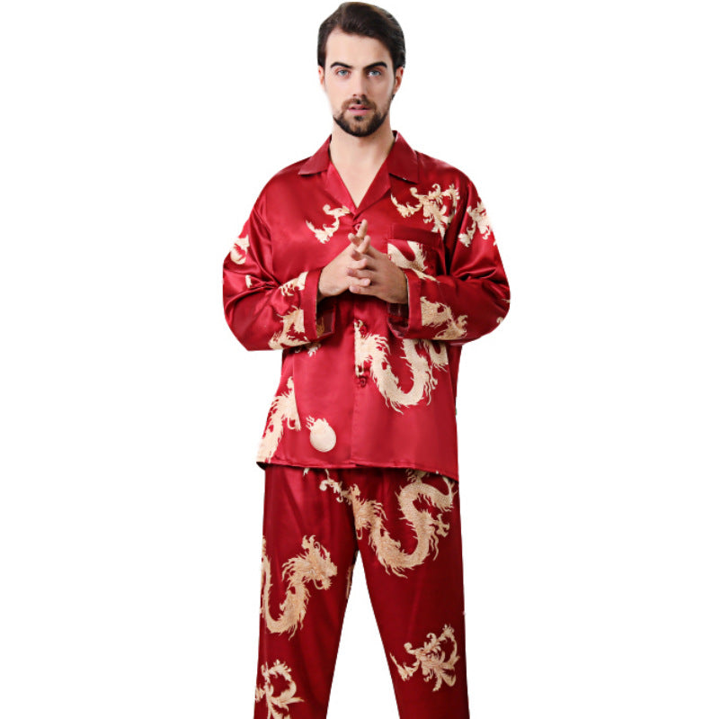 Simulated silk couple sleepwear new long sleeved set men's and women's V-neck silk printed dragon and phoenix home clothes