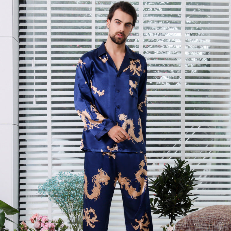 Simulated silk couple sleepwear new long sleeved set men's and women's V-neck silk printed dragon and phoenix home clothes