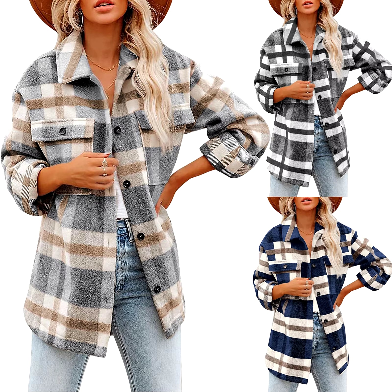 Women'S Vintage Brushed Plaid Shirts Long Sleeve Flannel Lapel Button down Pocketed Shacket Flannel Jacket Coats Winter L5