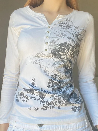 Printed Notched Long Sleeve T-Shirt