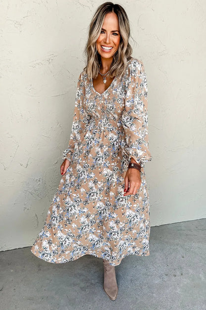 Printed V-Neck Long Sleeve Dress