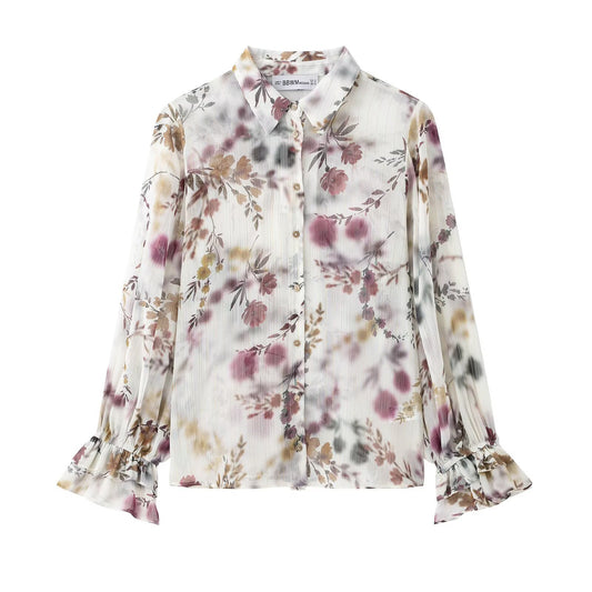 Fashionable metal wire flower print trumpet sleeve shirt