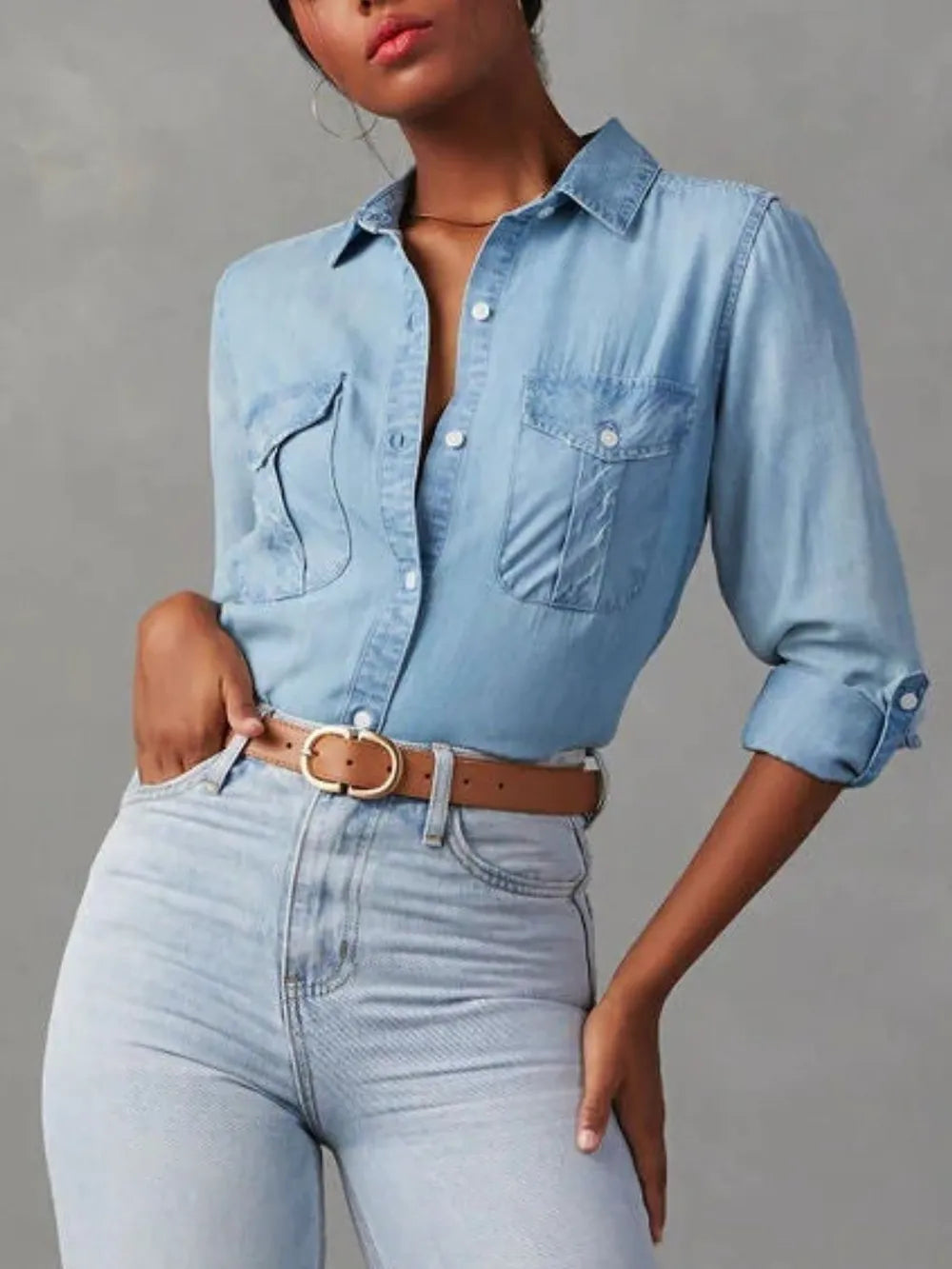 Button Down Collared Neck Denim Top