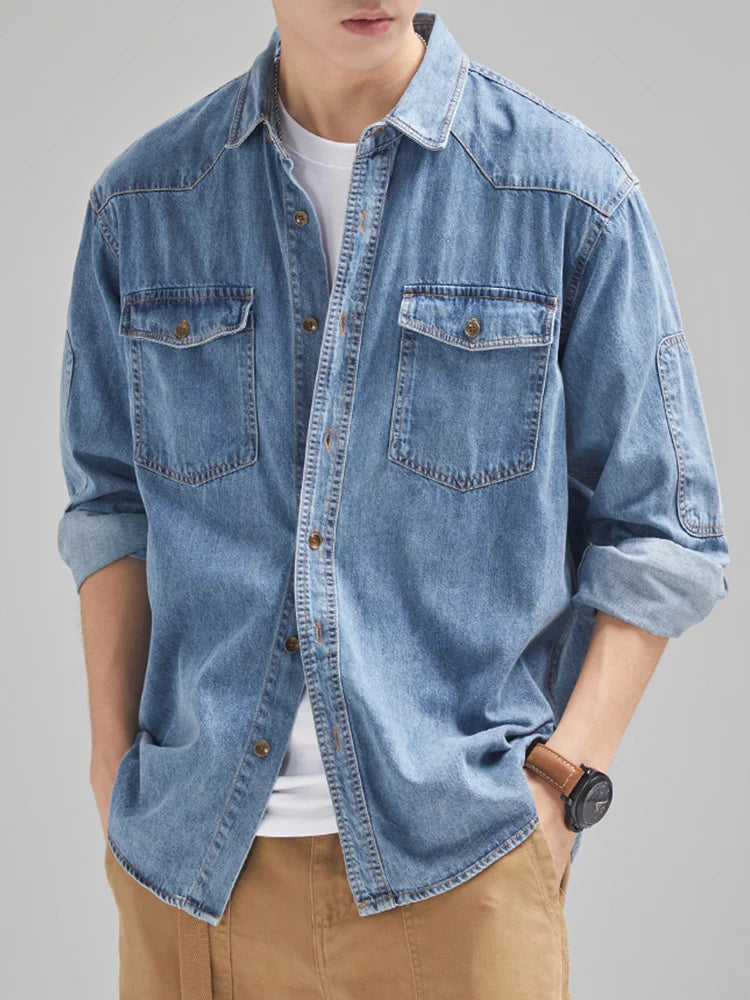 New Denim Cotton Men's Shirt Long Sleeve Black Blue Drop Shoulder Button Pockets Cowboy Loose Casual Work Jeans Shirts