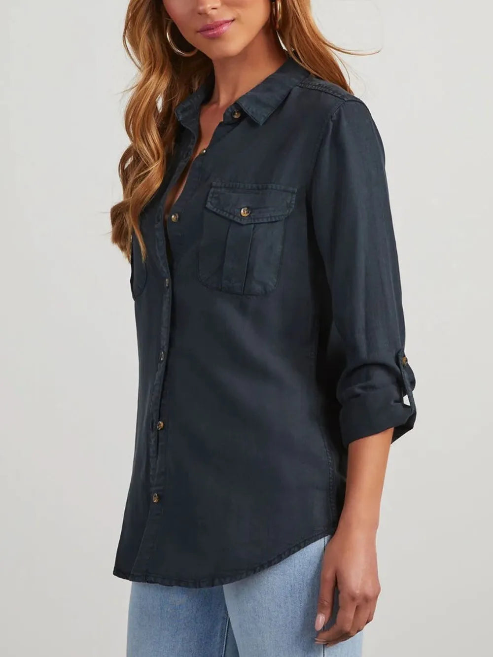 Button Down Collared Neck Denim Top