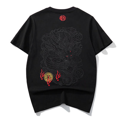 Black thread embroidery dragon pattern short sleeved T-shirt round neck pure cotton breathable top for men's fashion