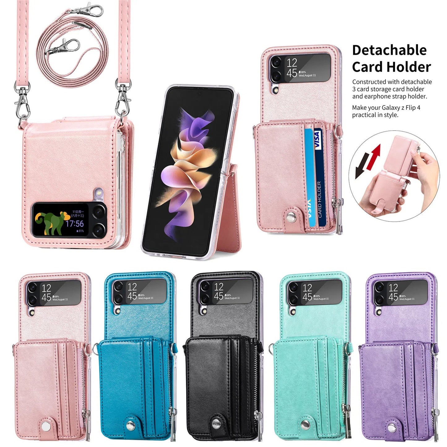 Suitable for Samsung Galaxy Z Flip4 card insertion phone case Z Flip3 lanyard zipper wallet phone case