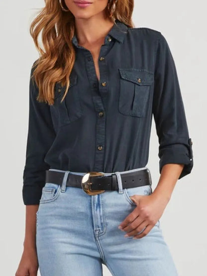 Button Down Collared Neck Denim Top