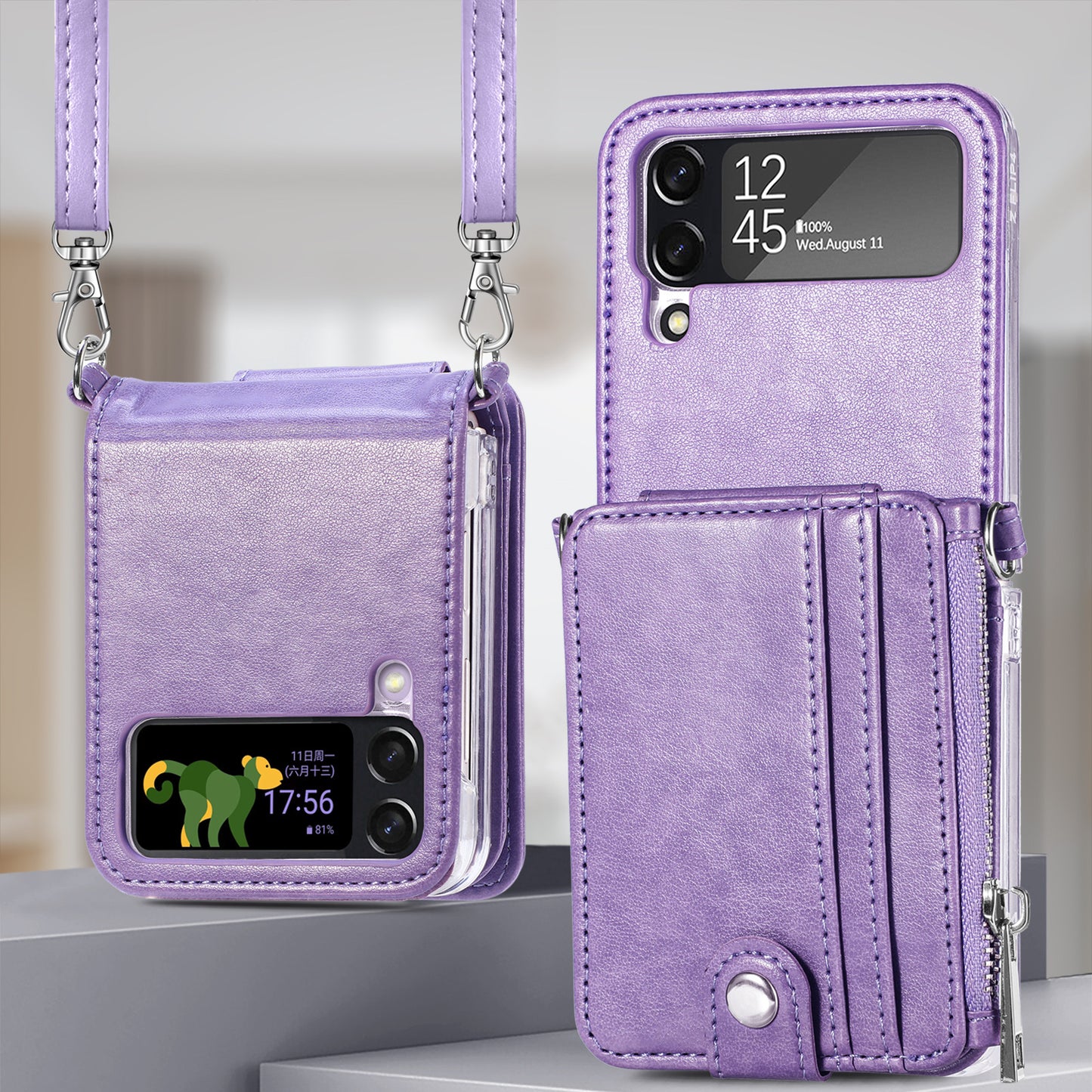 Suitable for Samsung Galaxy Z Flip4 card insertion phone case Z Flip3 lanyard zipper wallet phone case