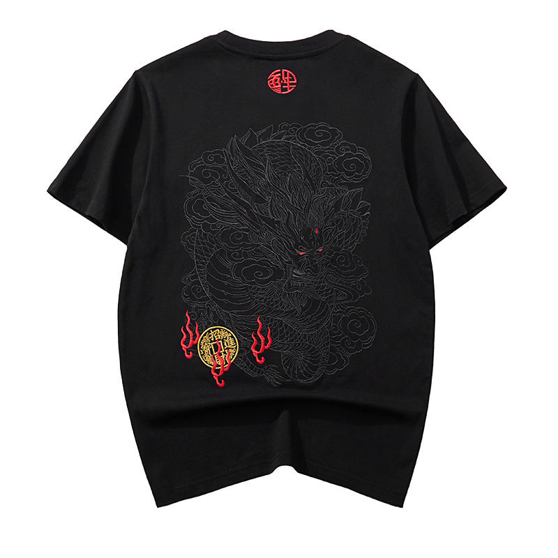 Black thread embroidery dragon pattern short sleeved T-shirt round neck pure cotton breathable top for men's fashion