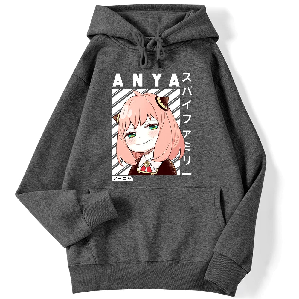 Winter Female Hoodies Anime Anya-Spy X Family Art Printed Sweatshirt Drop Sleeves Pocket Top Strecth Warm Funny Woman Streetwear