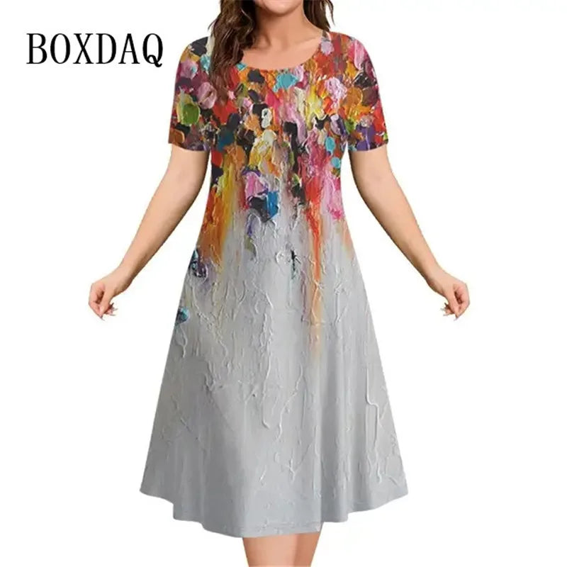 New Women‘s Dresses 3d Flowers Pattern Short Sleeve Clothing Casual Fashion A-Line Dress Summer Lady Oversized Vacation Dresses