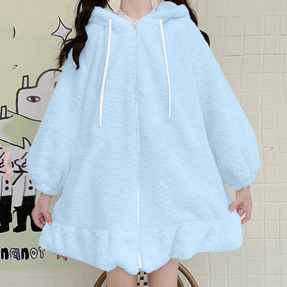 Flannel Bunny Ears Hoodies For Woman Winter Kawaii Women's Sweatershirt Fluffy Warm Winter Pullover Rabbit Jumper Hoddie