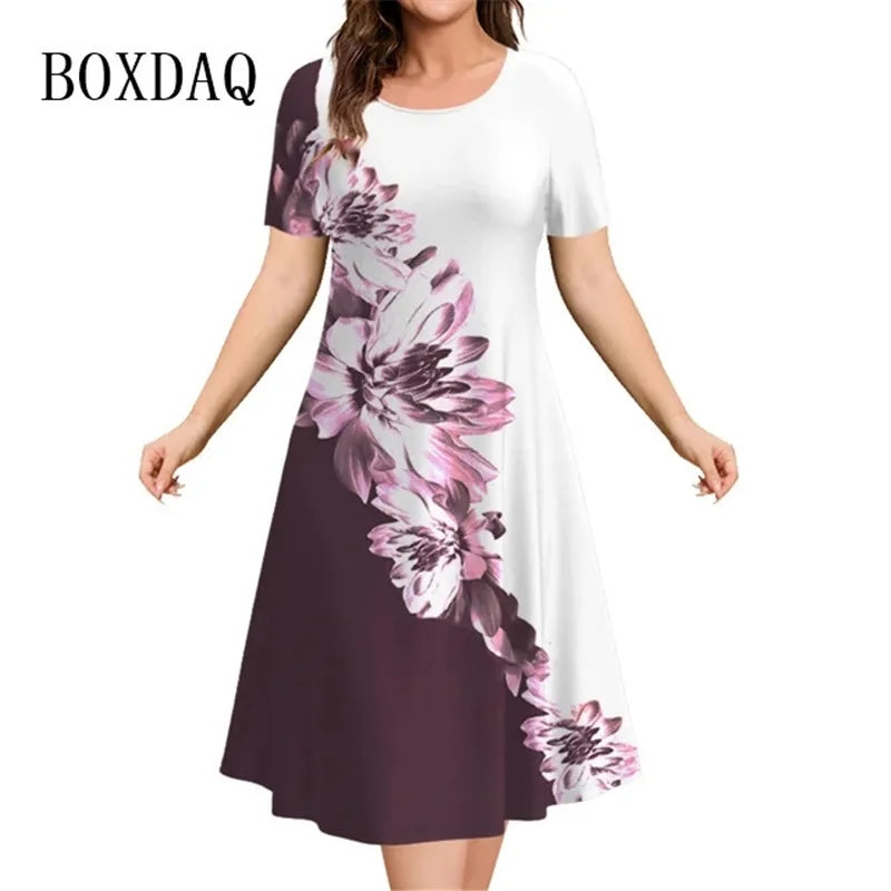 New Women‘s Dresses 3d Flowers Pattern Short Sleeve Clothing Casual Fashion A-Line Dress Summer Lady Oversized Vacation Dresses