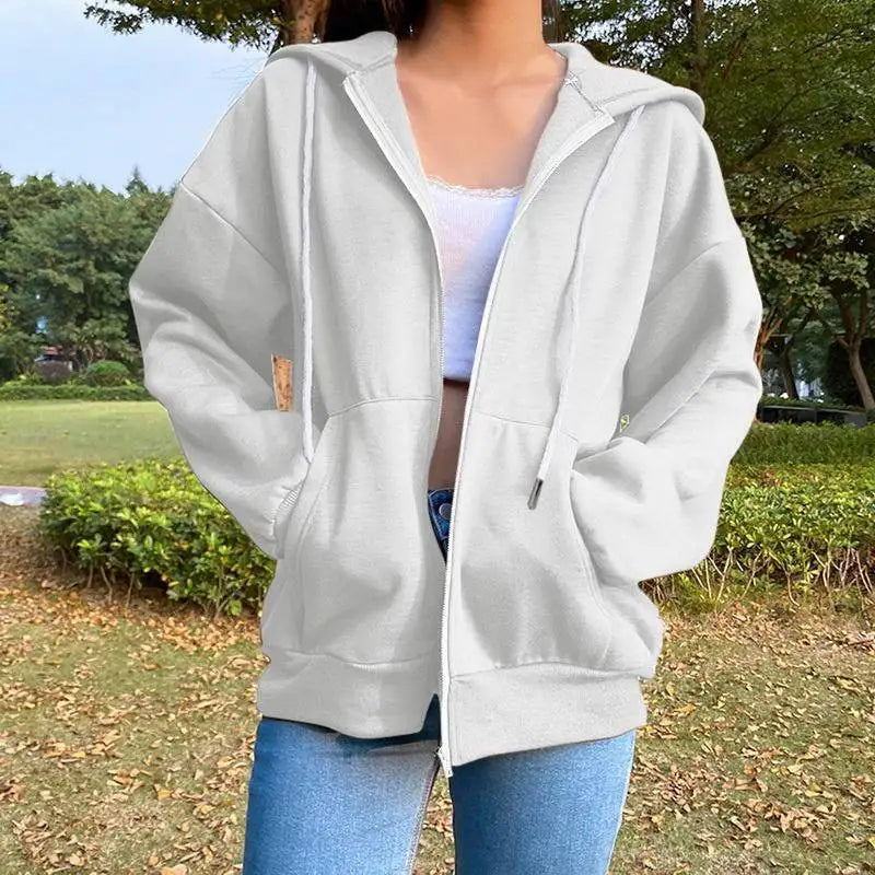 Winter Sweatshirt Hoodie Oversize Fleece Hooded Cardigan Black White Women Clothes Solid Zip Up Hoodies Tops Long Sleeves