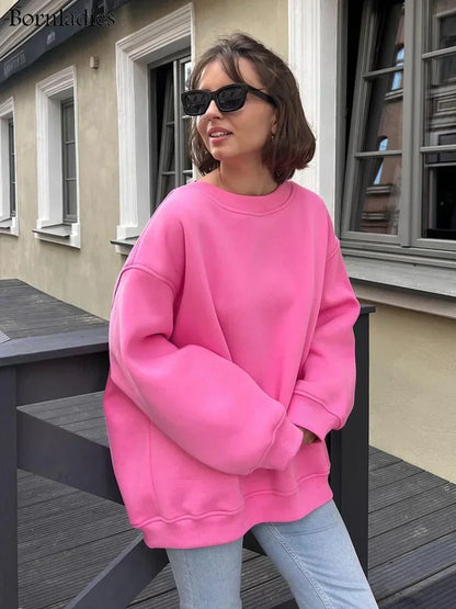 Bornladies Oversized Hoodies & Sweatshirts for Women Autumn Winter Thick Warm Fleece Sweatshirt Girls Streetwear Loose Pullovers