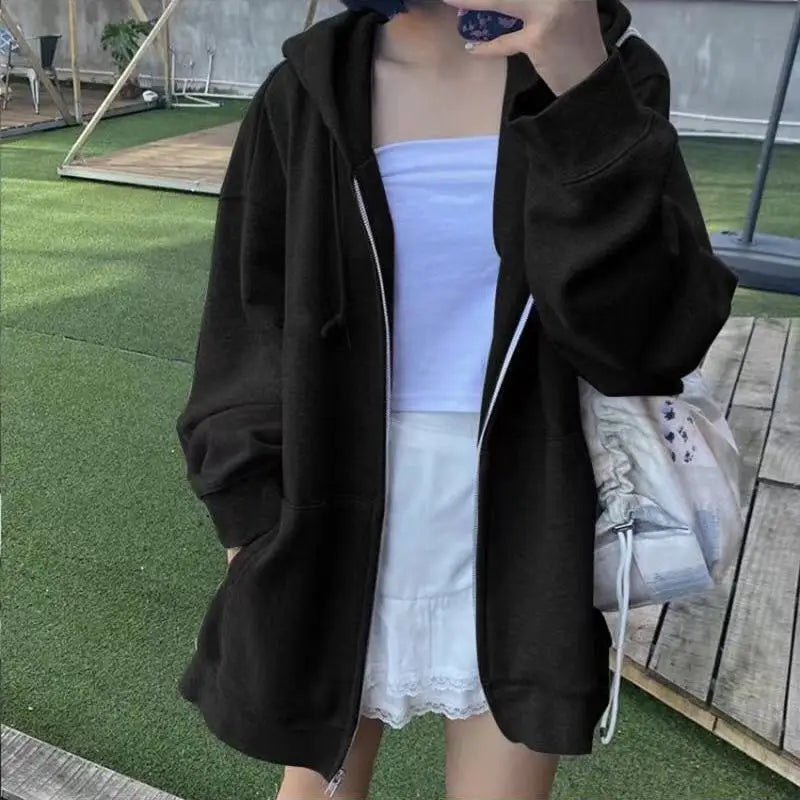 Winter Sweatshirt Hoodie Oversize Fleece Hooded Cardigan Black White Women Clothes Solid Zip Up Hoodies Tops Long Sleeves