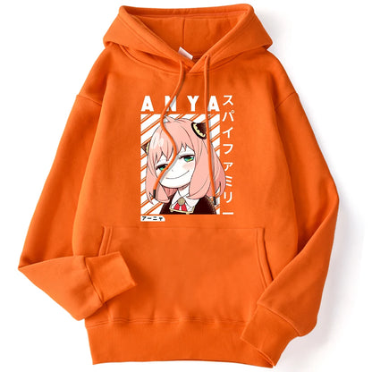 Winter Female Hoodies Anime Anya-Spy X Family Art Printed Sweatshirt Drop Sleeves Pocket Top Strecth Warm Funny Woman Streetwear