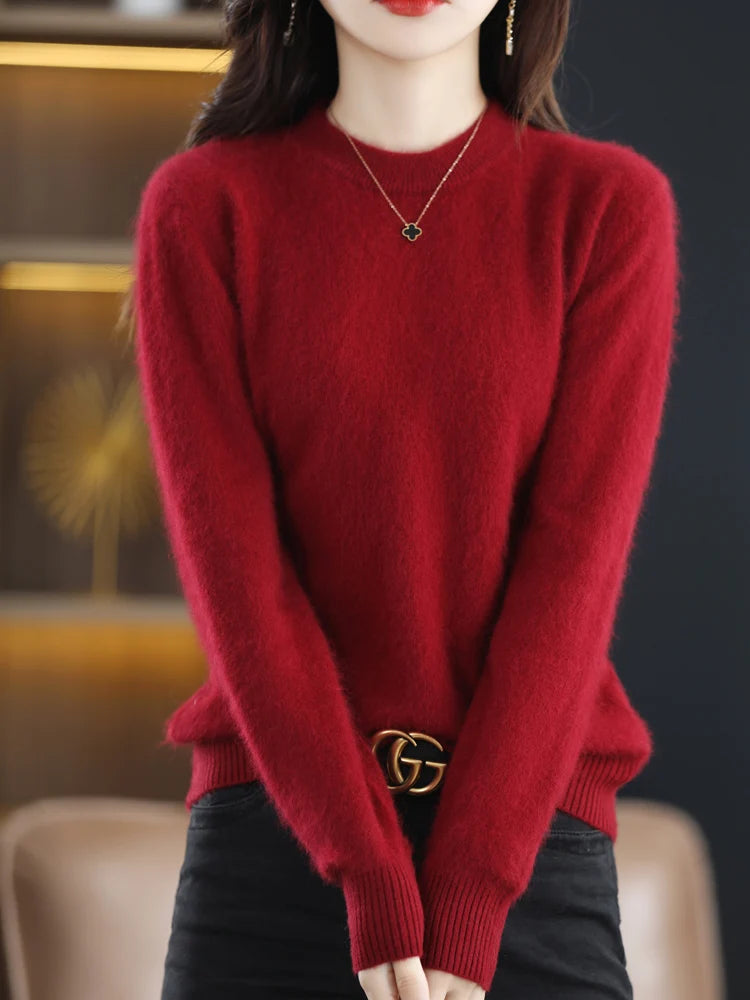 Autumn Winter Women’s 100% Mink Cashmere O-neck Pullovers Sweater Classical Casual Long Sleeve Knitwear Female Clothing Tops New