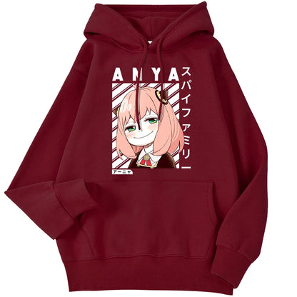 Winter Female Hoodies Anime Anya-Spy X Family Art Printed Sweatshirt Drop Sleeves Pocket Top Strecth Warm Funny Woman Streetwear