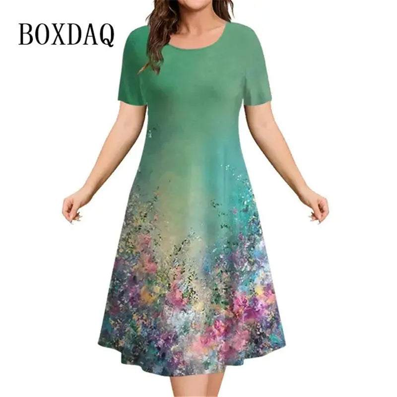 New Women‘s Dresses 3d Flowers Pattern Short Sleeve Clothing Casual Fashion A-Line Dress Summer Lady Oversized Vacation Dresses