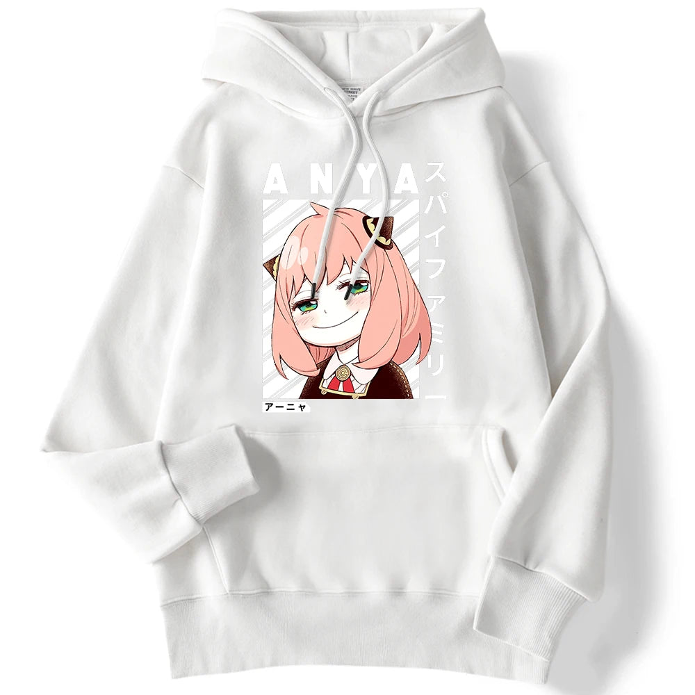 Winter Female Hoodies Anime Anya-Spy X Family Art Printed Sweatshirt Drop Sleeves Pocket Top Strecth Warm Funny Woman Streetwear