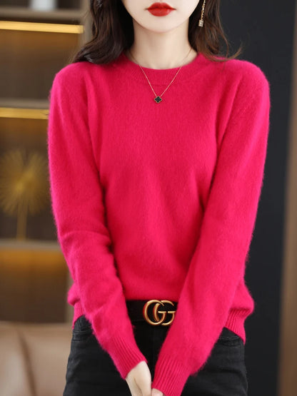 Autumn Winter Women’s 100% Mink Cashmere O-neck Pullovers Sweater Classical Casual Long Sleeve Knitwear Female Clothing Tops New